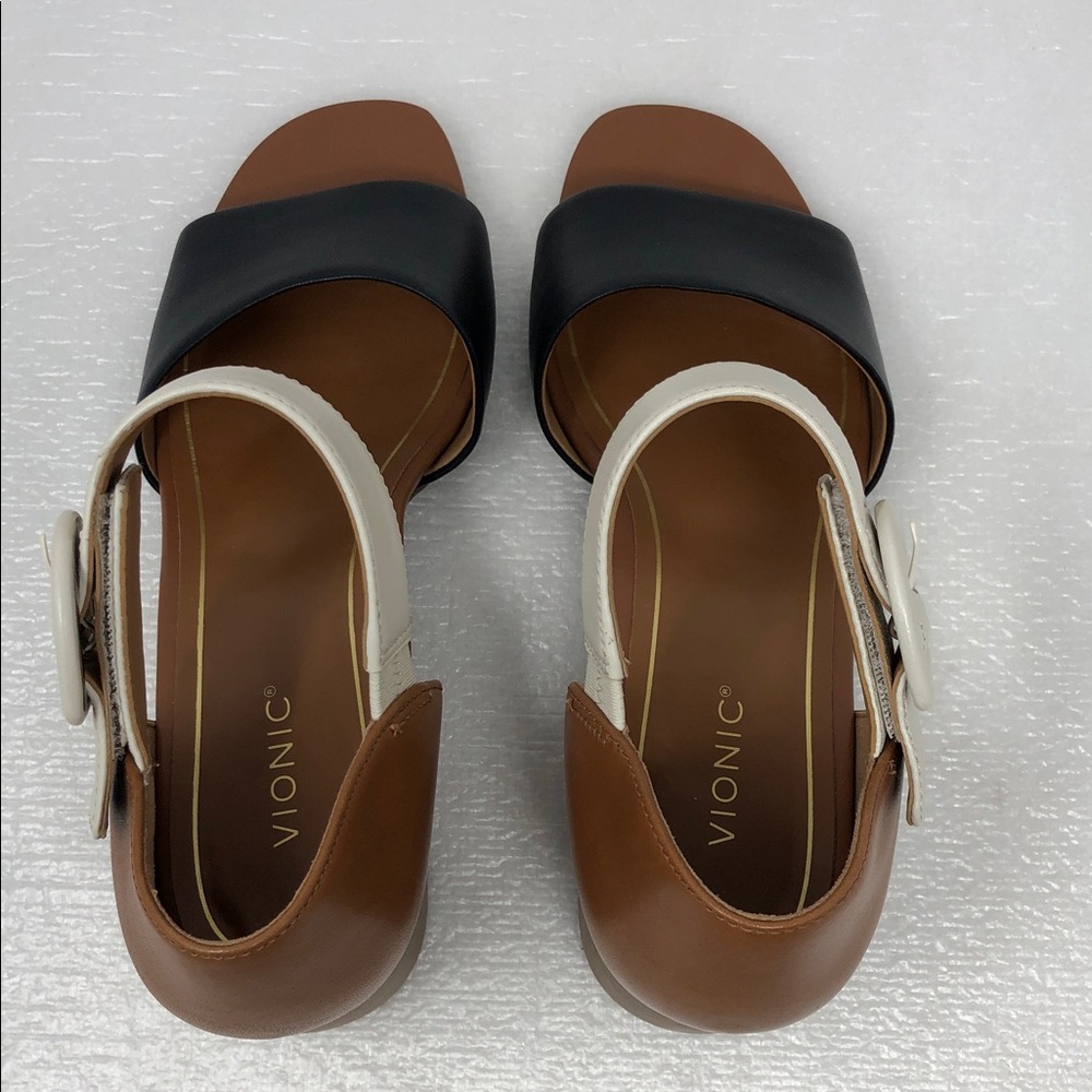 NEW Vionic Heels Chardonnay Tan Black Cream Leather Block Heel Adjustable Strap - Picture 4 of 13